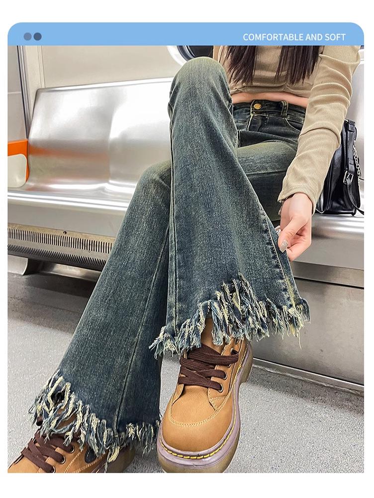 Women's High-Waisted American Gray Micro-Flare Jeans with Tassels and Bell Bottoms – Slimming Spring and Autumn Design.