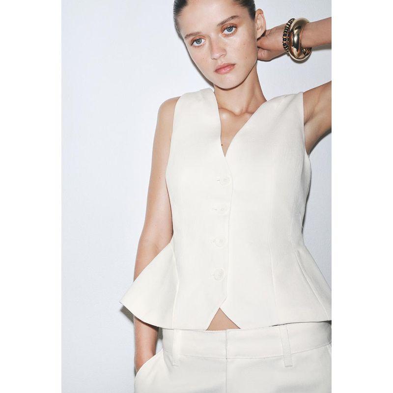 Summer New Women clothes Linen Blend Single Row Multi-Buckle Minimalist All-Match V-neck Sleeveless Vest 3503586