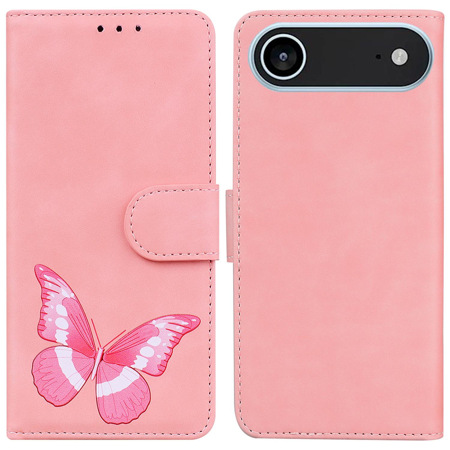 

For iPhone 17 Air Stand Case PU Leather Phone Cover Butterfly Printed Pink