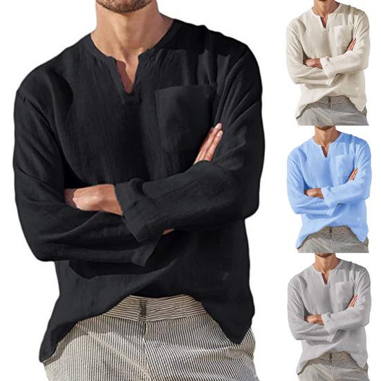 Spring Autumn Men Shirt Solid Color Loose Pocket Top Beach Shirt for Daily Wear
