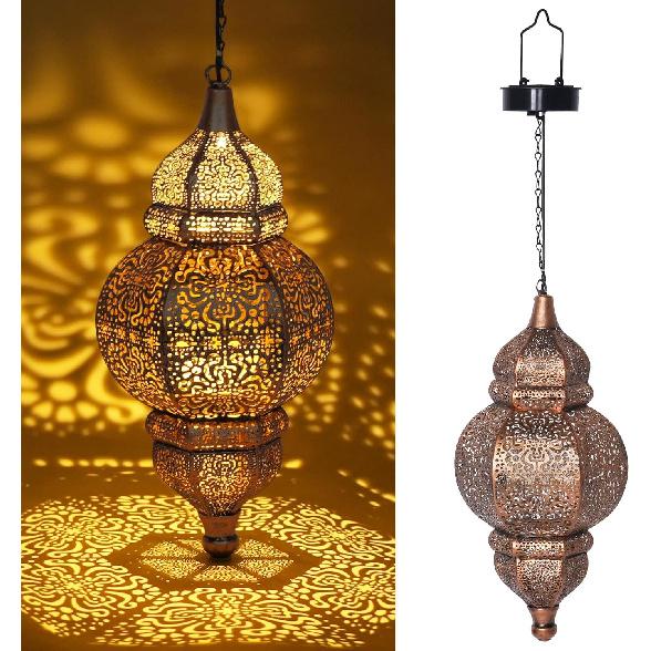 Hanging Solar Lights, Outdoor Decor Solar Lantern, Waterproof Metal Moroccan Lantern for Outside Patio Pathway Yard Front Porch Backyard Garden