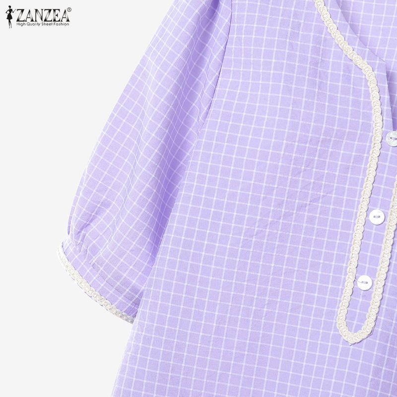 ZANZEA Women Short Sleeve Blouse and Shorts Summer Plaid Print Two Piece Suit Sets