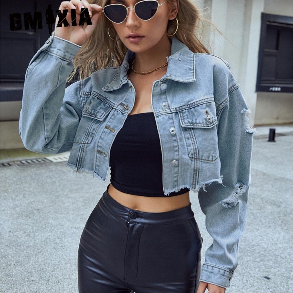 GMXIA Einfarbig bedruckte Langarm-POLO-Kragen-Damen-Casual-All-Match-Shorts aus modischem Denim mit kurzen Jacken und Mänteln