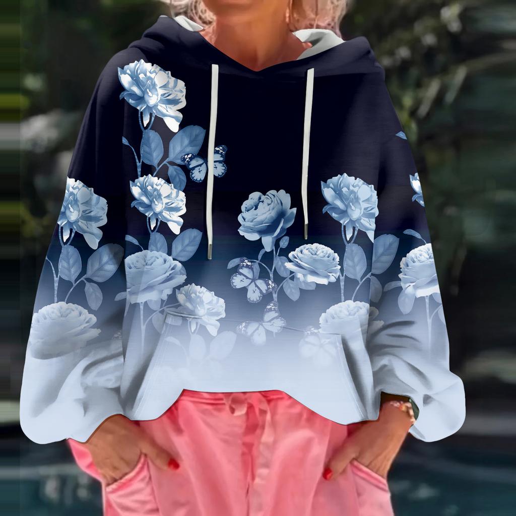 Women's Floral Print Loose Casual Long Sleeved Hooded Sweatshirt