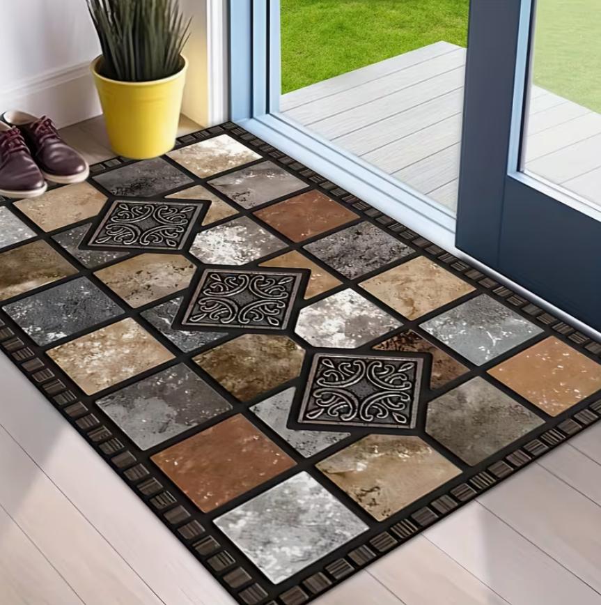Vintage Tile Pattern Area Rug Non Slip Washable Floor Carpet for Living Room Bedroom Bathroom Home Decoration