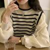 Fake Two Bubble Sleeve French Sweater Women's Autumn/Winter Striped Unique Long Sleeve Top