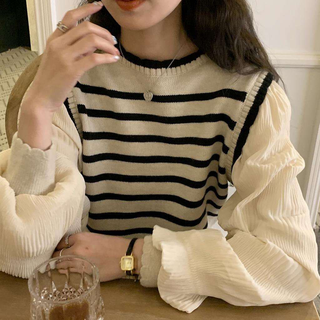 Fake Two Bubble Sleeve French Sweater Women's Autumn/Winter Striped Unique Long Sleeve Top