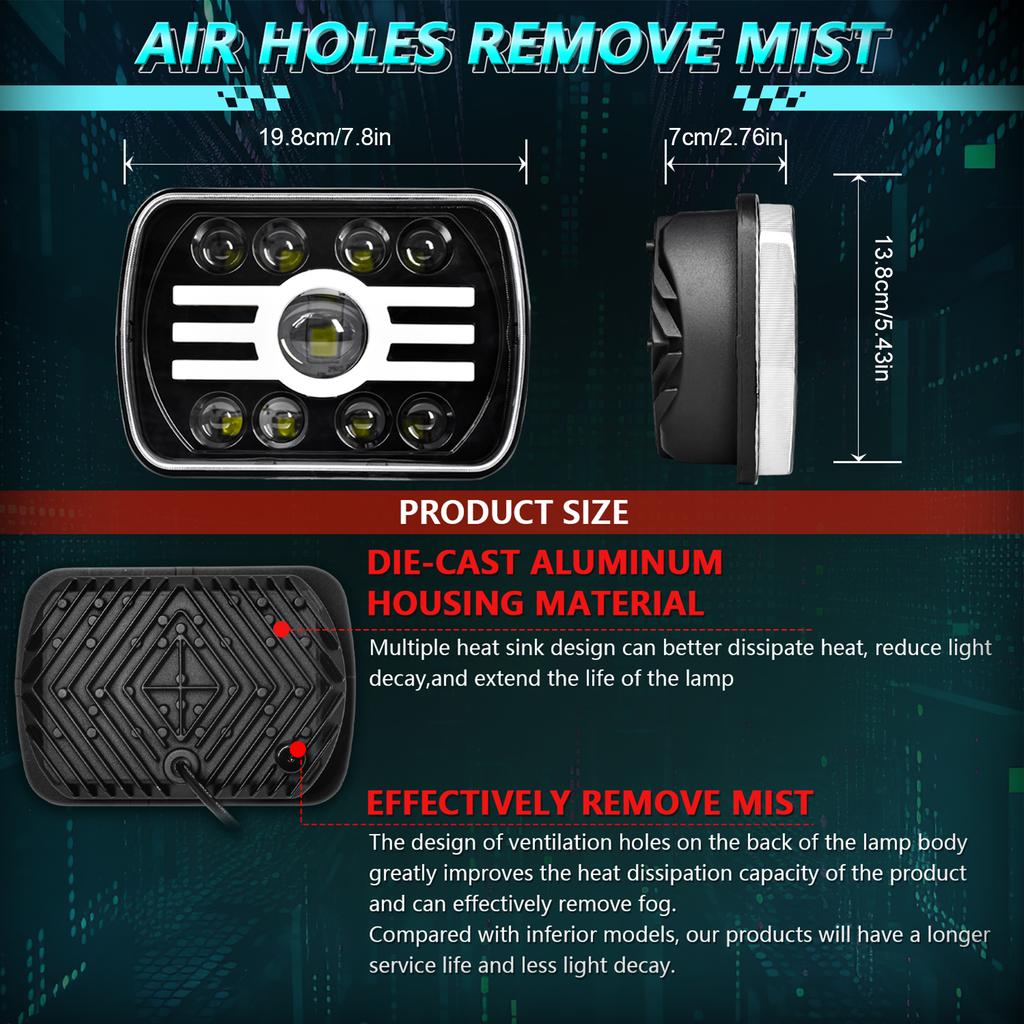 2PCS 7 Inch LED Headlights, 5x7   7x6   Rectangular LED Headlights with High Low Beam DRL Turn Signal Replacement for