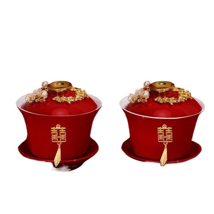 Wedding Tea Set: Red Bowls, Cups, and Chopsticks for Bride's Dowry