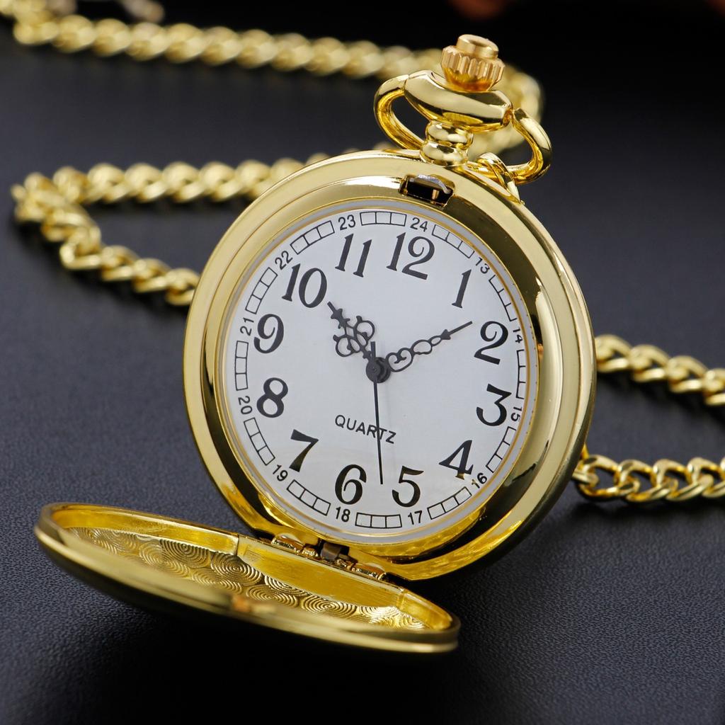Classic Vintage Golden-Tone Quartz Pocket Watch with Arabic Numerals & Adjustable Chain - Round Men's Fashion Accessory