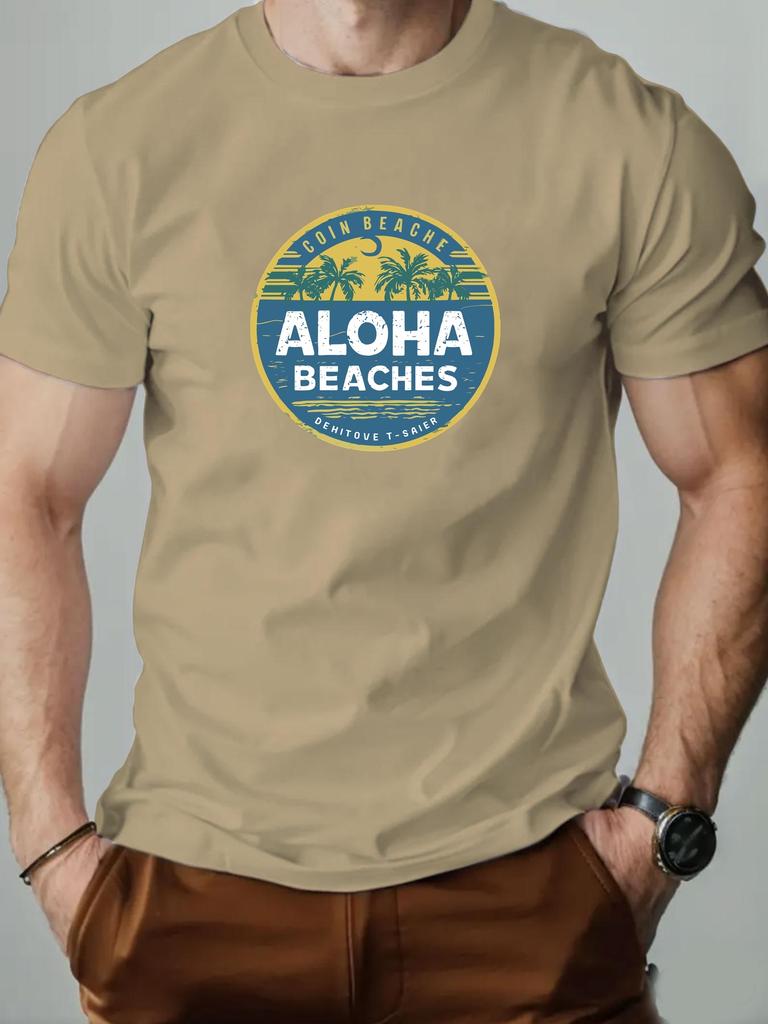 2025 New Hot Sale Mens Summer Short Sleeve TShirt with Aloha Beaches Retro Palm Tree Print Casual Soft Breathable Cotton Tee