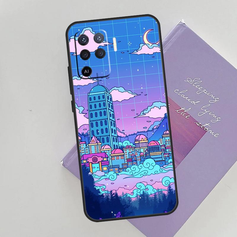 Cyberpunk  Village Neon Anime Case For OPPO Reno 5 Lite 2Z 2F A15 A52 A72 A83 A54 A74 A94 A5 A9 A31 A53 A53S 2020 Cover