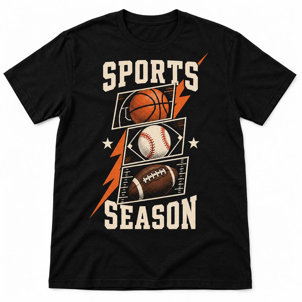 Three Sports Season Graphic T-Shirt Basketball Baseball Football Black Tee