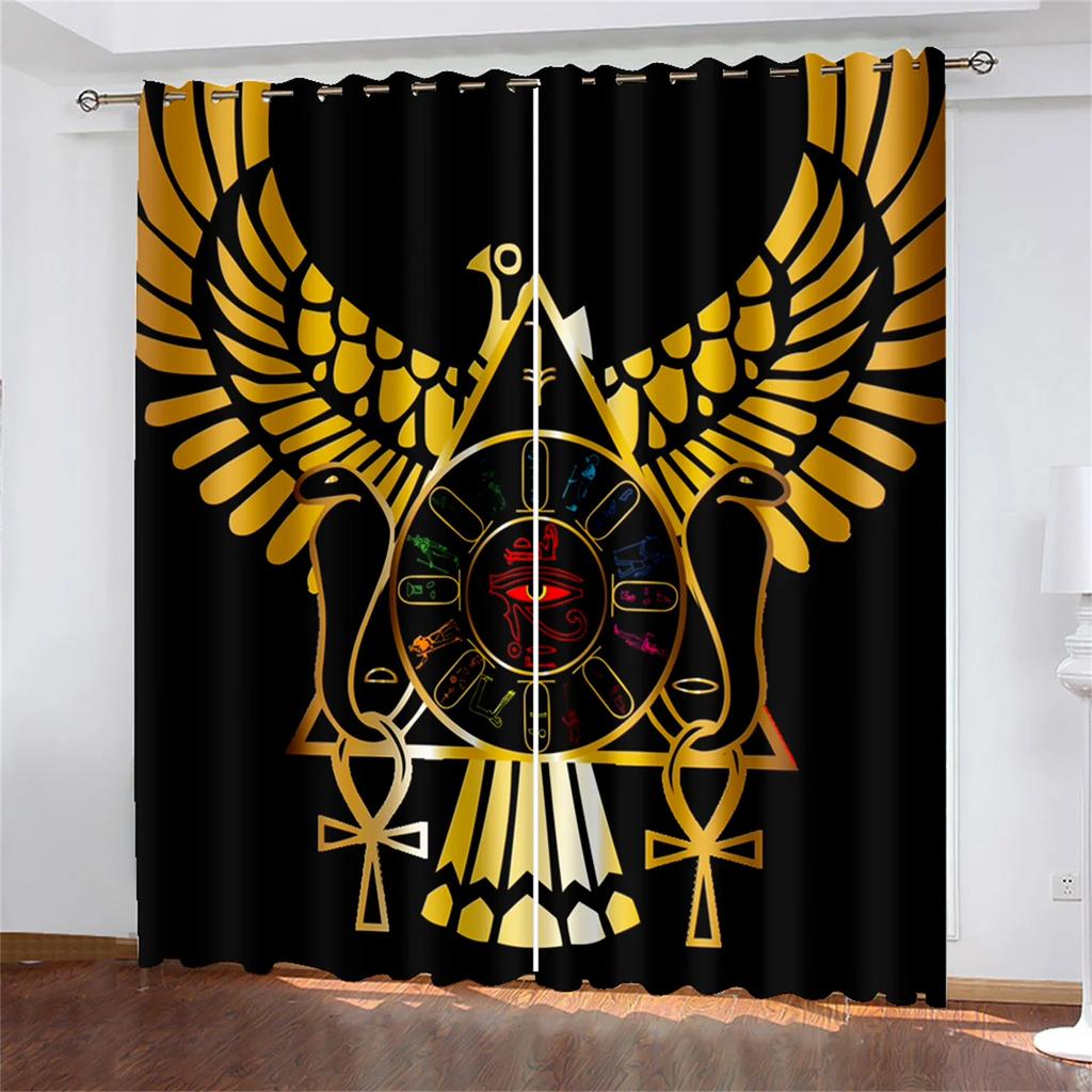 Ancient Egypt Eyes African Pharaoh Lion Black Gold Light Filtering Window Drapes For Living Space Bedroom Space Window Drape Decor