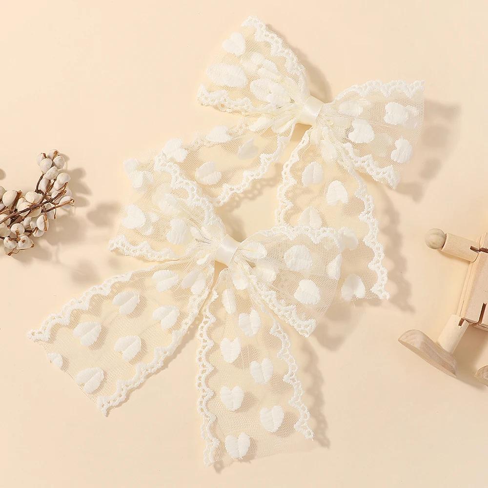 

2 шт./набор Милые однотонные кружевные заколки для волос с бантиками-сердечками для маленьких девочек, ручной работы, заколки-автоматы, головные уборы, детские аксессуары для волос