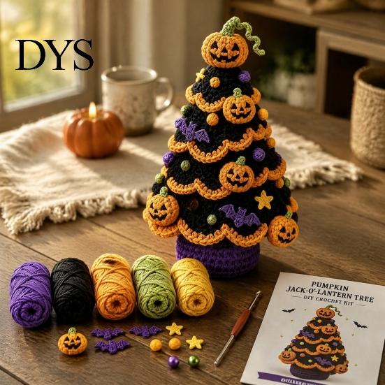 Cute Monster Tree Crochet Set Halloween Pack, DIY Yarn Craft Kit with Hooks And Step Black Cat Moon by Guide, Creative Handmade Knitting Supplies for
