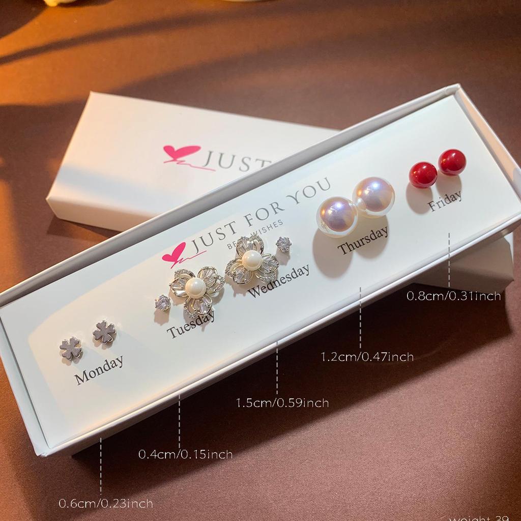 Weekly Earring Set: Flower Zircon Studs, Simple Ear Cuffs, Pearl Tassel French Earrings - 5 Pairs