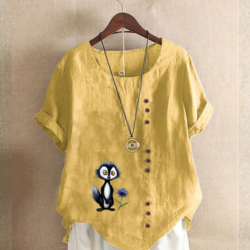 Women's Fashion Blue Fox Prined Short Sleeve T-shirt Loose Cotton Shirt Casual Loose Summer Blouse Tops Plus Size