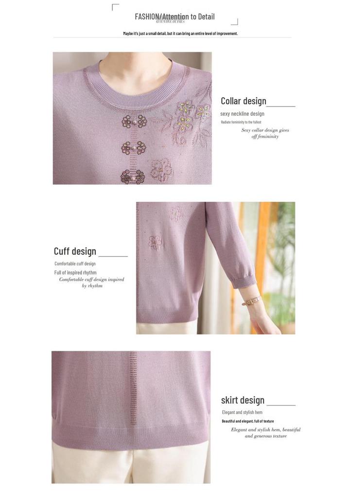 Chic Plus Size Round Neck Sweater for Middle-Aged Women - Comfortable 3/4 Sleeve Knitwear