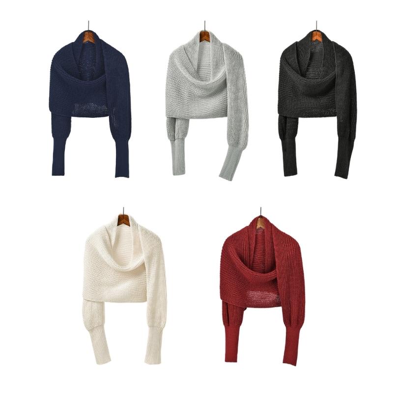Womens Crossed Back Knitted Cover Up Scarf with Sleeves Sweater Shawl Wrap Shrug Layering Solution For Chilly Environment