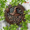 1pc 2D Vintage Witch House Metal Sign Circular Iron Wall Decor with Star Witch Hat Broom Design Halloween Decor for Home Garage