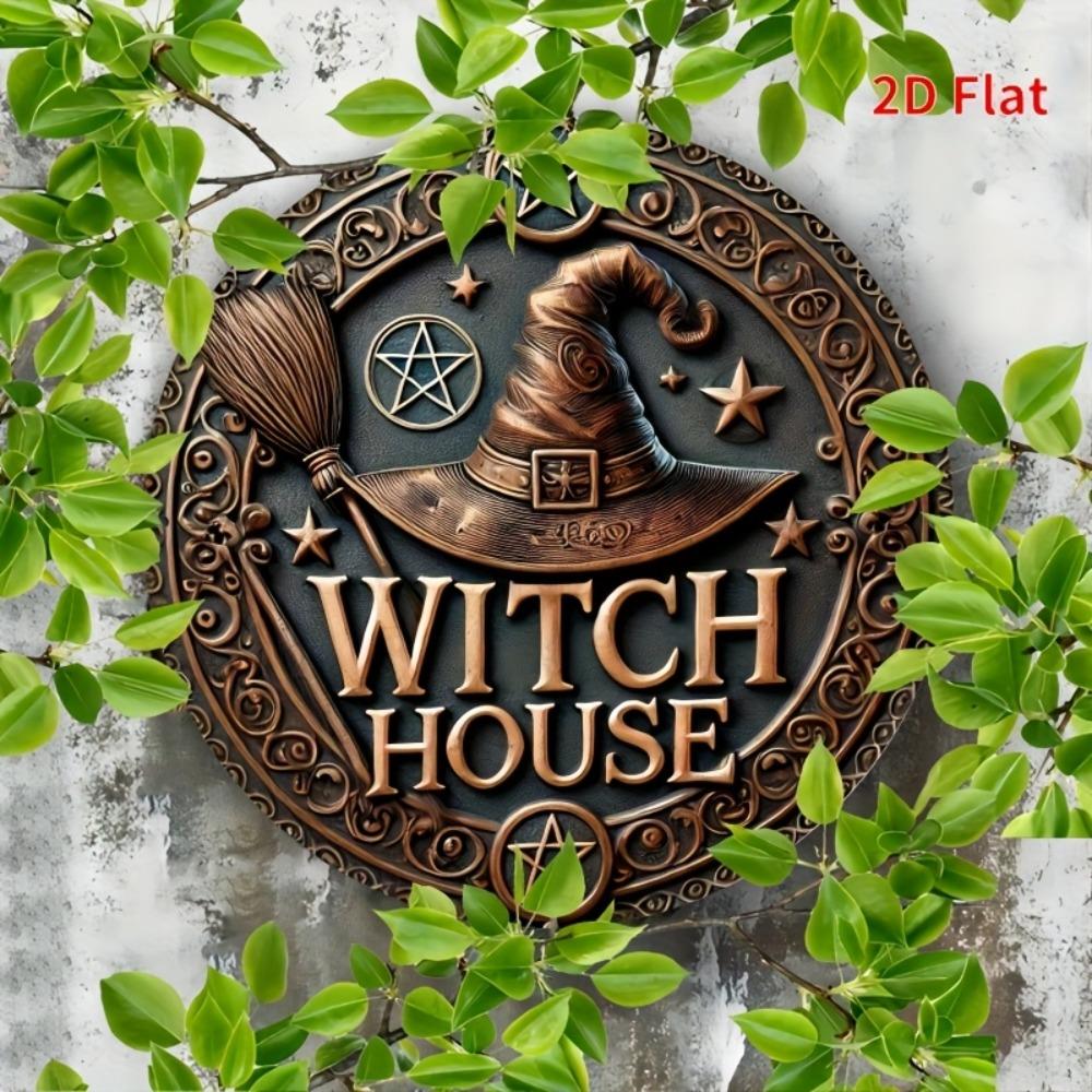 1pc 2D Vintage Witch House Metal Sign Circular Iron Wall Decor with Star Witch Hat Broom Design Halloween Decor for Home Garage