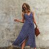 Vestido Longo de Verão Feminino Decote V Sem Mangas Cintura Alta Bandagem Estampa Vestido Estilo Férias Botão S-XXXL
