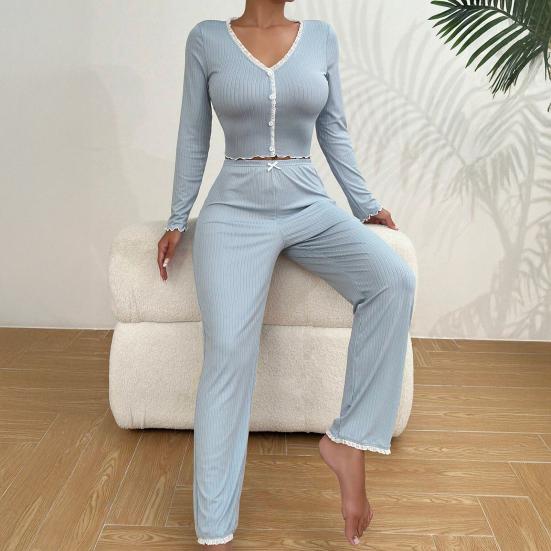 Ayollar dantelli bezakli rezinkali to'qilgan pijamalar to'plami uzun qisma qisqartirilgan top keng oyoqli shimlar dam olish to'plami 2 qismli pijama uyqu kiyimi