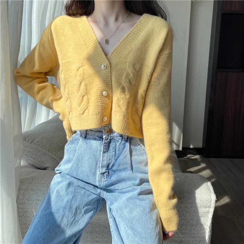 Stylish V-neck Long-sleeved Crop Top Soft And Comfortable Womens Cardigan For Autumn