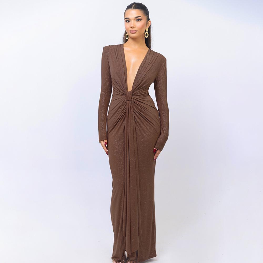 

European & American Women s Sexy Deep V-neck Long Sleeve Pleated Slim Fit Formal Dress Medium хаки
