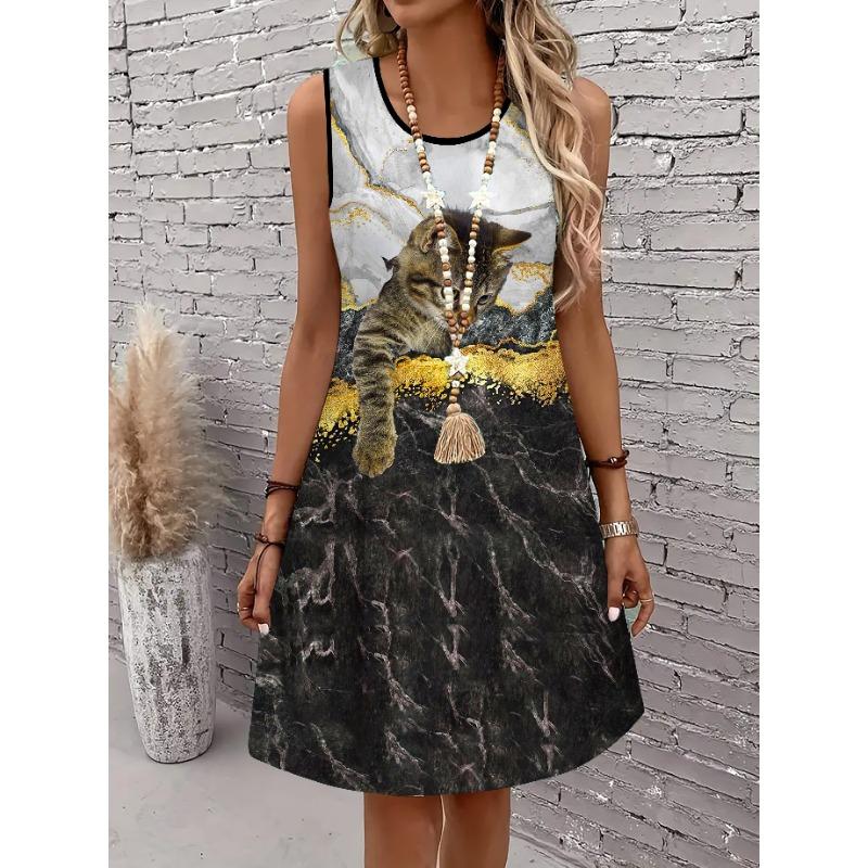 Ladies' fashionable and elegant 3D cute 3 orange cat printed vest dress