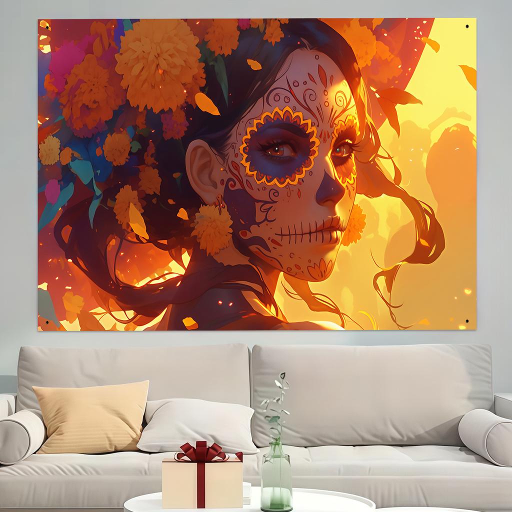 1pc Death's Day party banner featuring vivid Mexican skull and peanut designs no need for electricity
