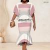 Women Plus Size Round Neck Batwing Sleeve Abstract Printed Ruffle Top Fishtail Skirt Two Piece Set