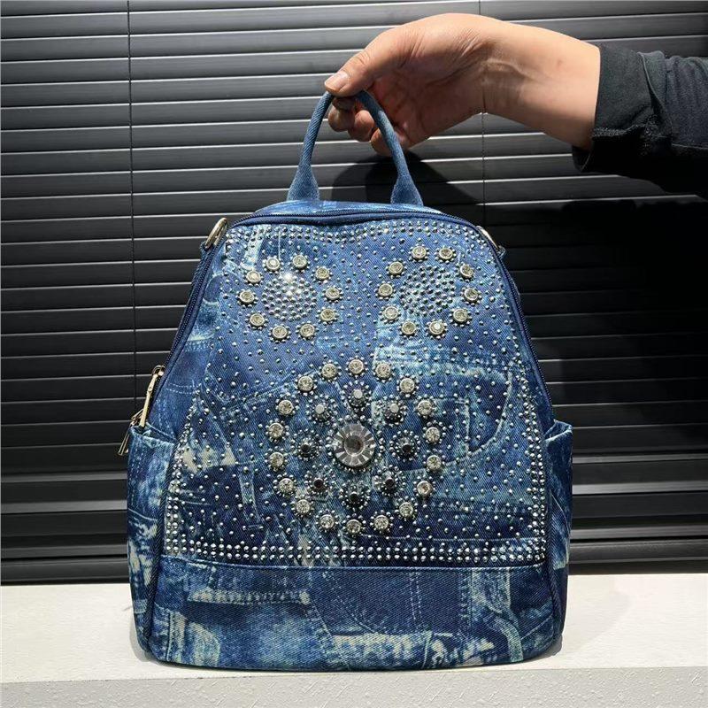 Neutral Denim Washed Denim Backpack Large Capacity Diamond Elegant Multifunctional Shoulder Bag