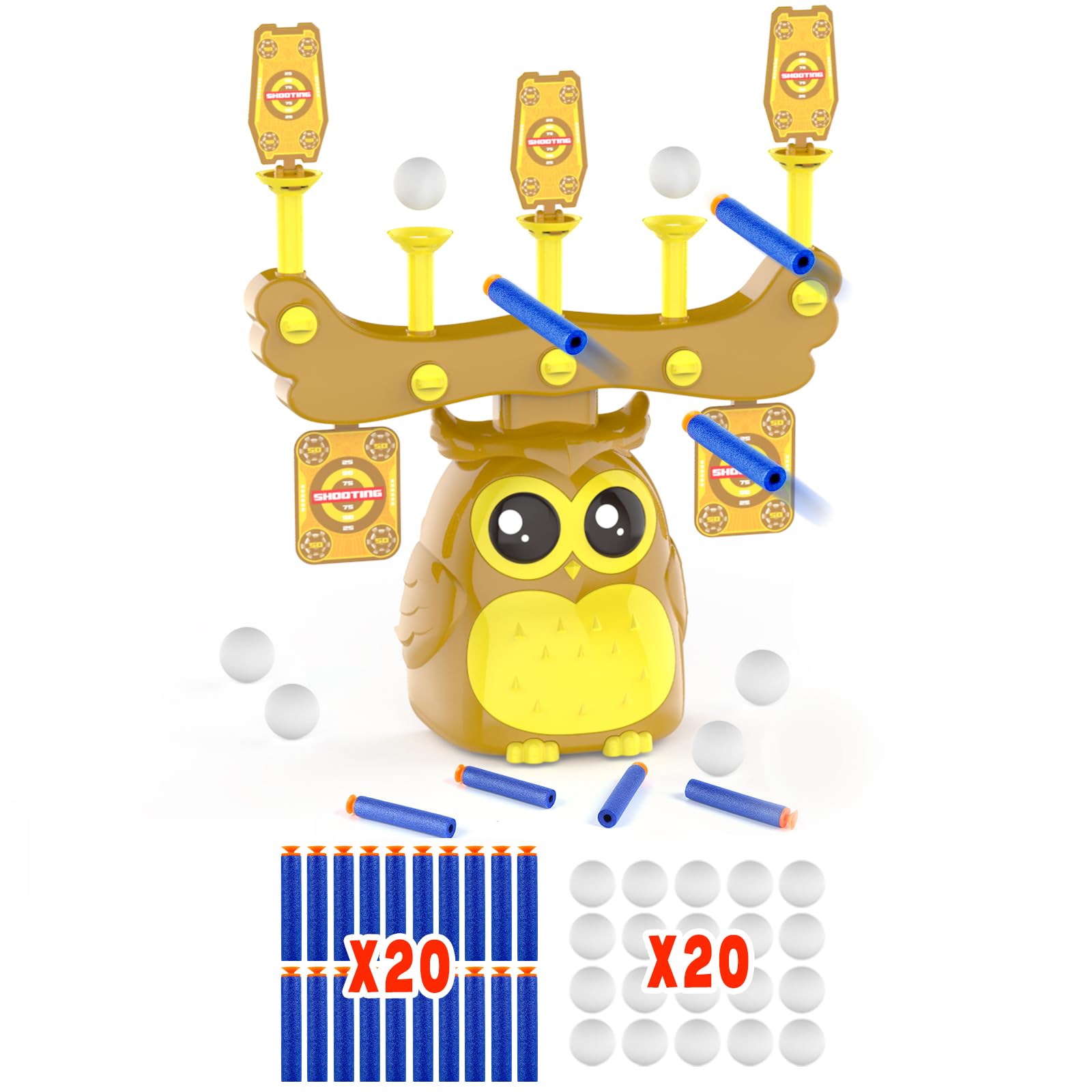 

2-in-1 Electronic Target with Owl Design, 2 Modes, Airflow, Floating Balls, USB Powered, 20 Sponge Bullets, 20 Balls, Durable for Indoor and Outdoor