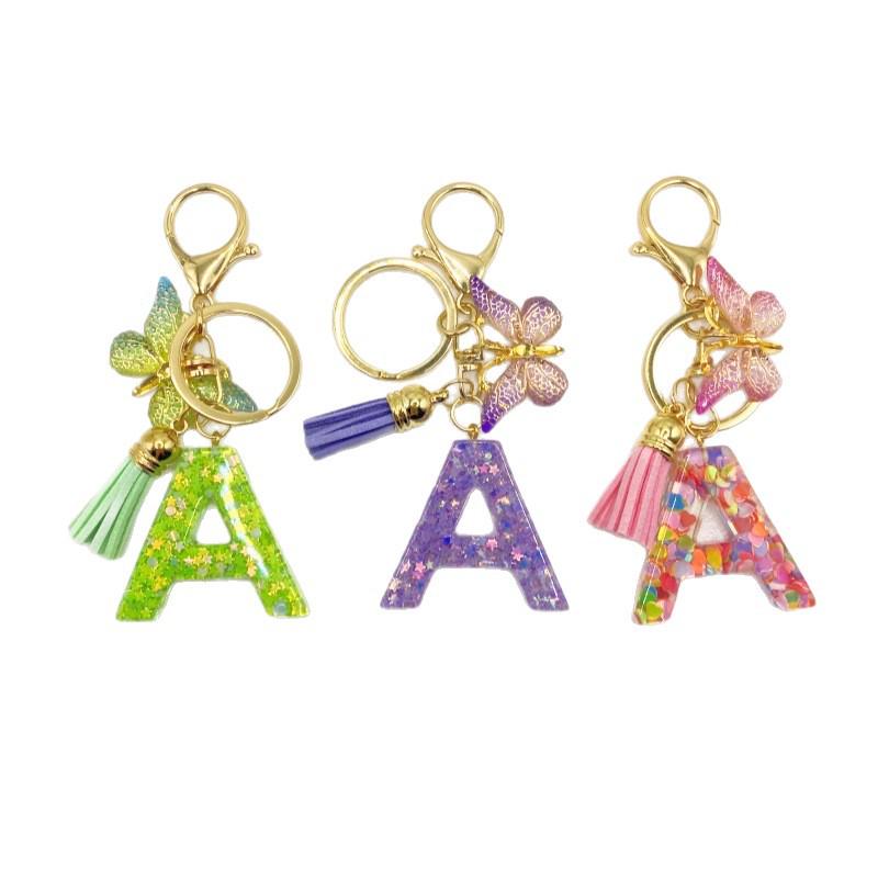 26-Letter Alphabet Resin Keychain with Star Sequins & Tassel Charm