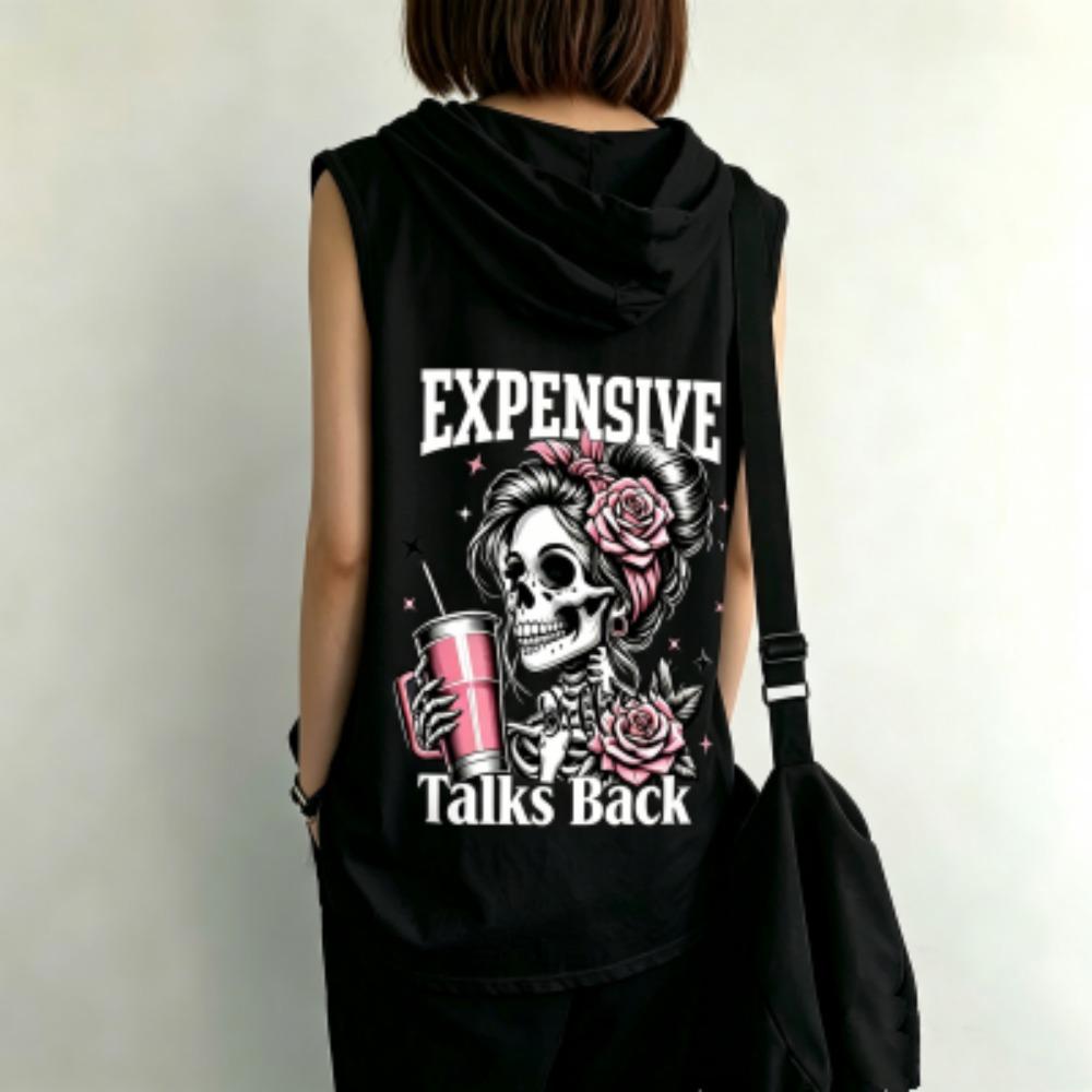 

Fashion Letter Rose Skull Print Women Sports Shirts Vest Hoodies Hooded Loose Sleeveless T-shirt Women Tank Tops Top S