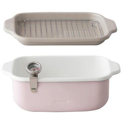 Fuji Enamel Square Tempura IH with Frying and Gift Set Pot, Pink, Compatible, Thermometer, Net, Tray,