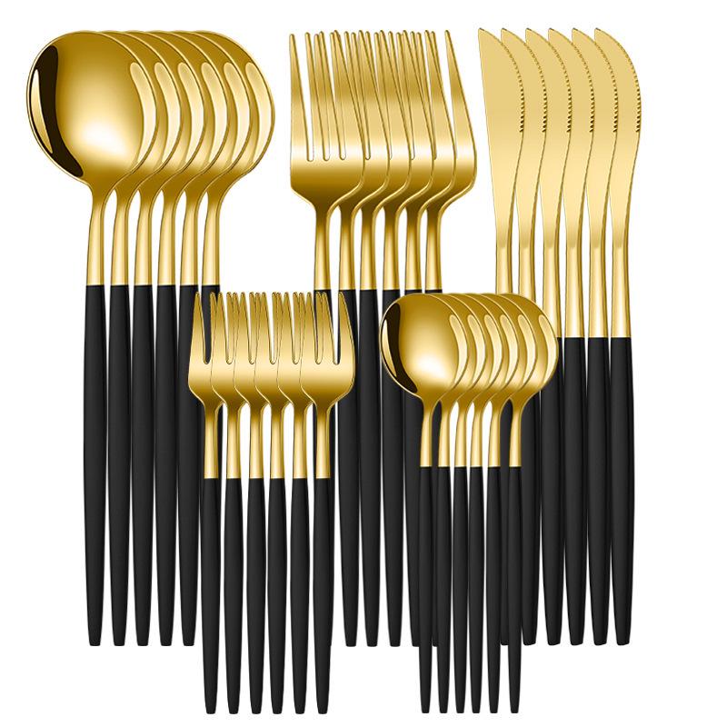 Luxurious 30-Piece Gold Stainless Steel Cutlery Set: Includes Portuguese Knife, Fork, and Spoon for Western Cuisine in an Elegant Gift Box.