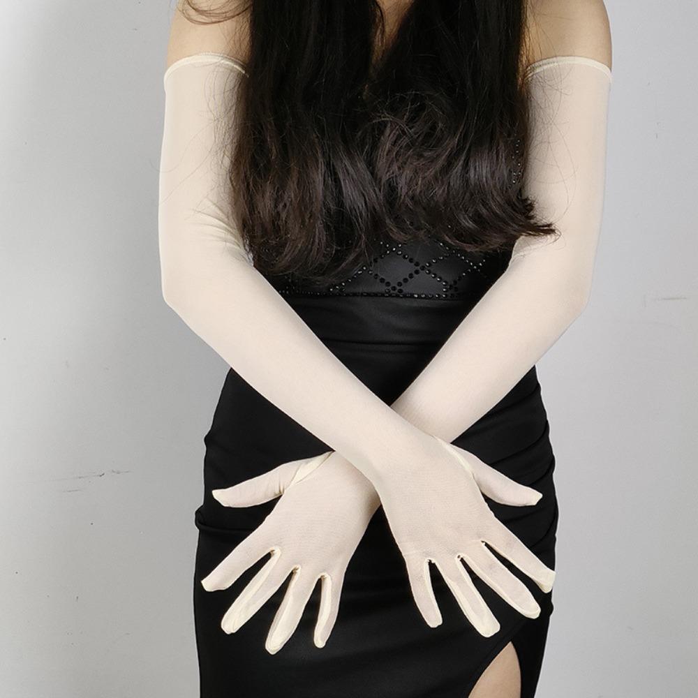 Hot Sexy Lace Long Gloves 55CM Summer Cycling Driving Sun Glove Thin Stretch Mesh Transparent Arm Sleeve Mitten Women