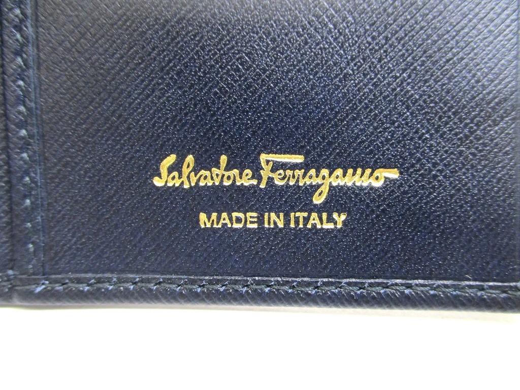 Authentic Salvatore Ferragamo Gancini Navy Blue Leather Gold H/W Flap Long Wallet #b230 Open box