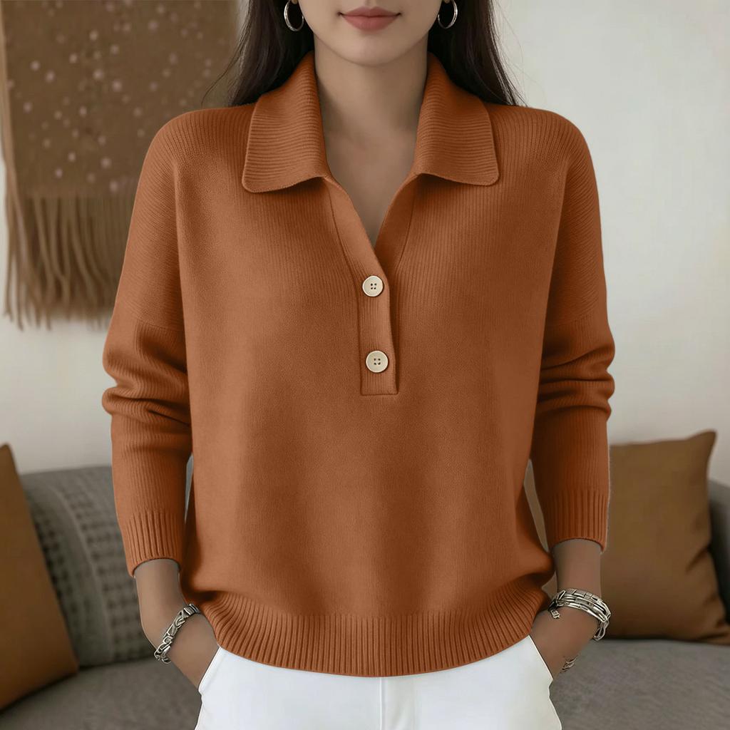 Women's Long Sleeve Knit Sweater Loose Fit Button Front Polo Collar Casual Pullover Top Lightweight Soft Fabric Comfortable Wear