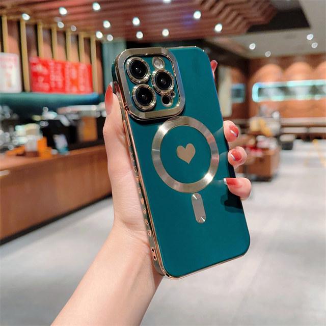 Love Heart Wireless Charging Phone Case For Iphone 14 13 12 11 Pro Max 14 Plus 14pro Shockproof Plating Magnetic Soft Back Cover