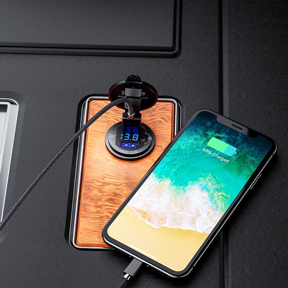 

36W QC3.0 Motorcycle USB Charger socket LED Display Metal Switch Waterproof Universal Truck Car Lighter Socket Plug For