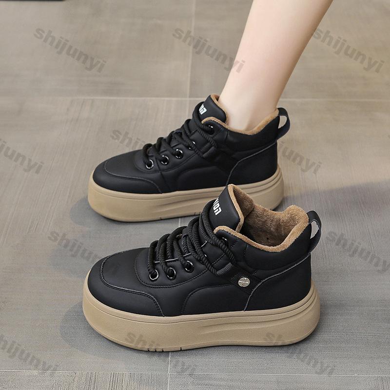 Fashion Women's High Top Vulcanized Shoes Autumn Winter Lace Up Soft Leather Plus Velvet Warm Cotton Shoes Thick Sole Leisure Sneakers