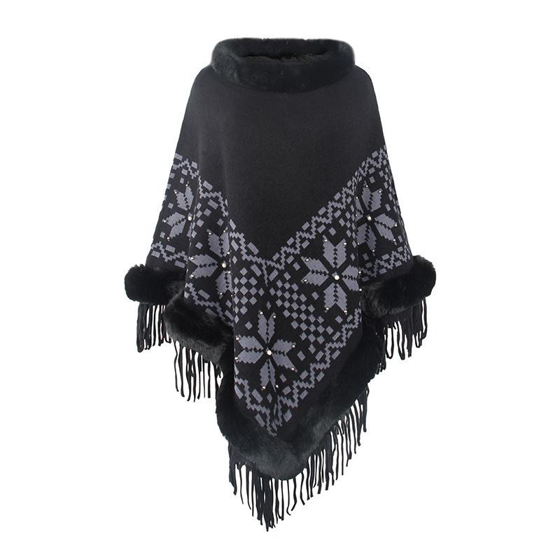 Cape Shawl Knitted Shawl Fur Collar Beaded Fringed Hem Sweater Women