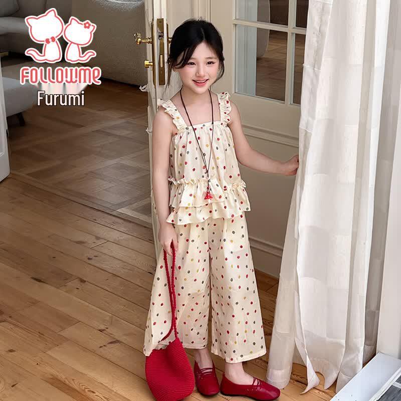 Fuluomi Girls Summer Polka Dot Top & Wide-Leg Pants Set 160