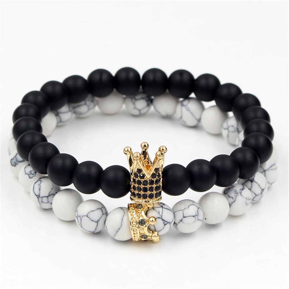 Couple jewelry black frosted stone black diamond volcanic stone mixed wear diamond crown bracelet bracelet set
