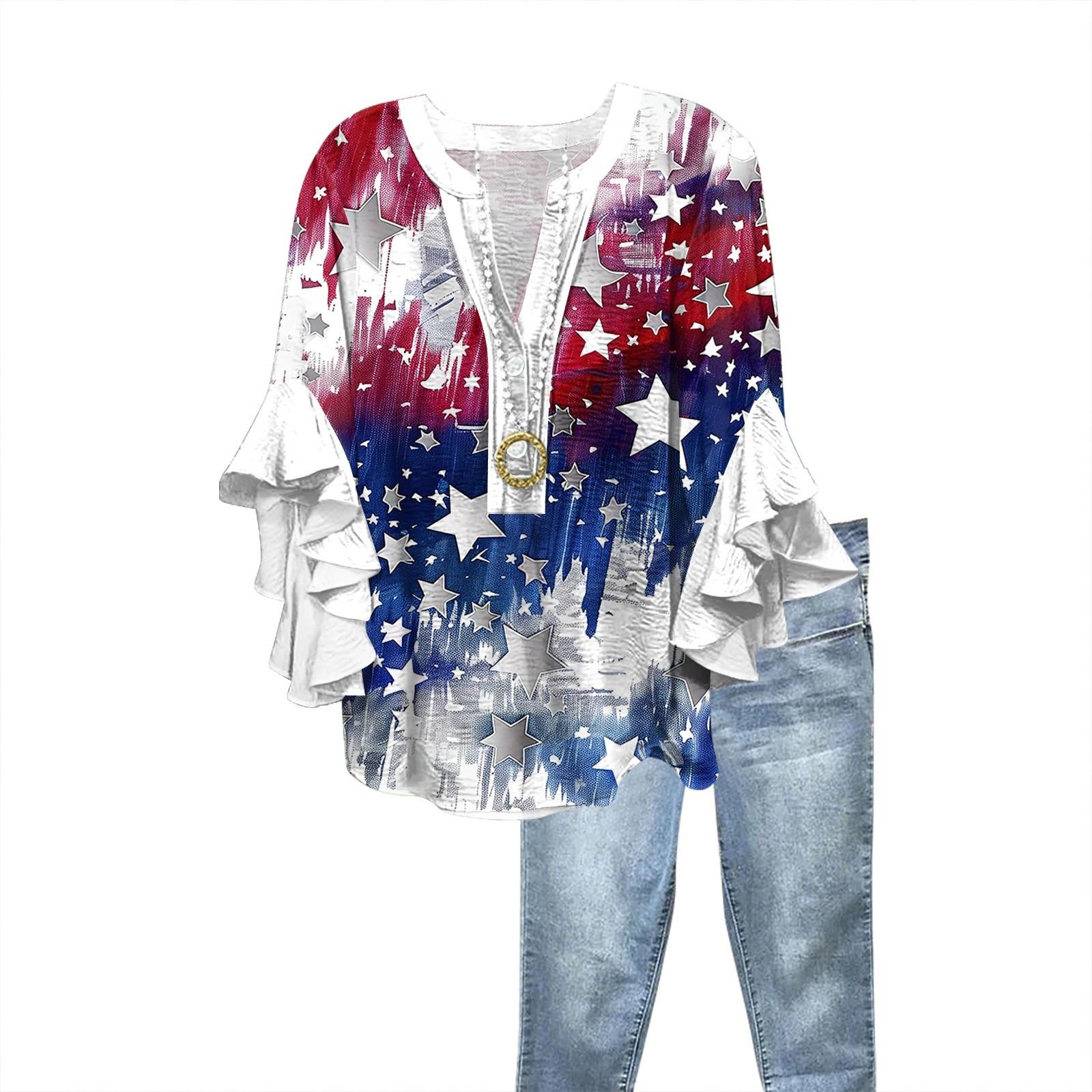 

Summer Tops For Women Cute V Neck 3/4 Sleeve Blouses Print Top Casual Shirts S