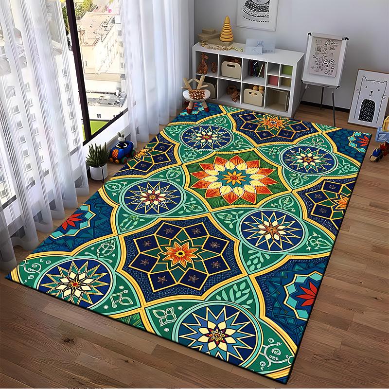 "Multicolor Geometric Print Carpet with Floral and Star Patterns" Suitable for Use As an Anti-slip for Living Room Bedroom Sofas